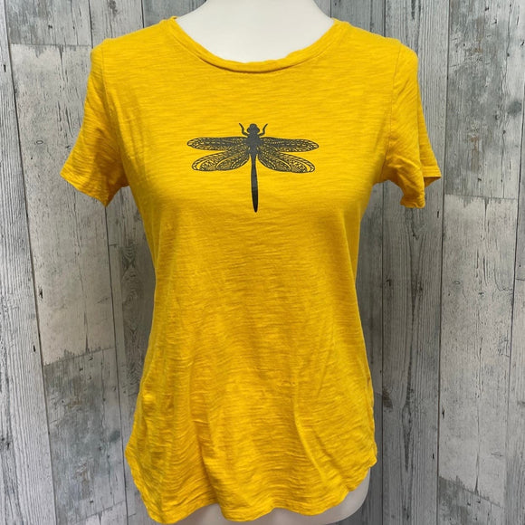 Hand Printed Upcycled Womens Small Dragonfly 100% Cotton Crew Neck Short Slv Tee