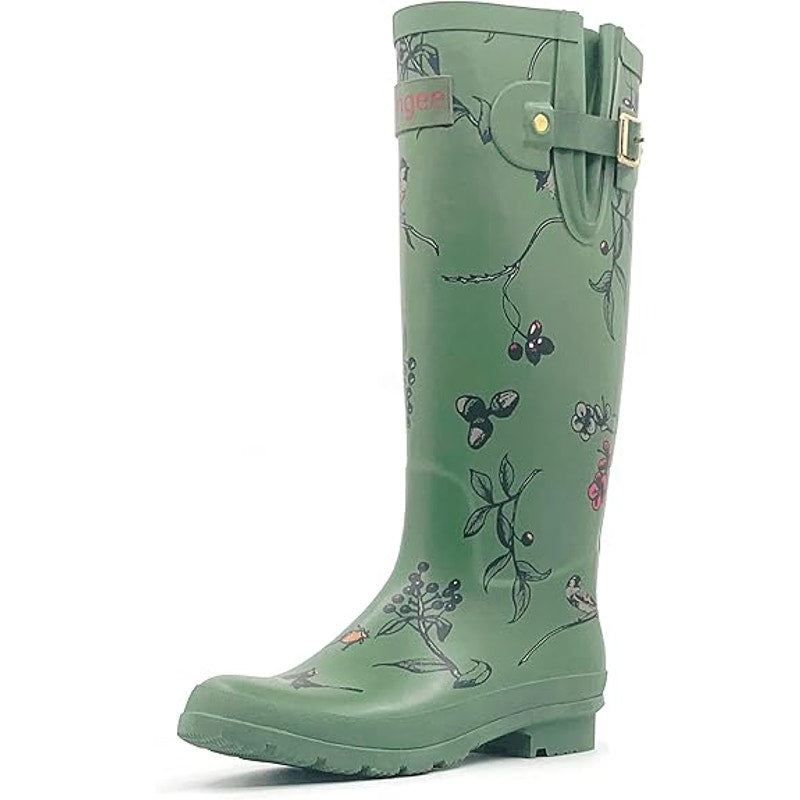 Rongee Womens Size 9 Green Bird Flower Buckle Waterproof Garden Rain Boots