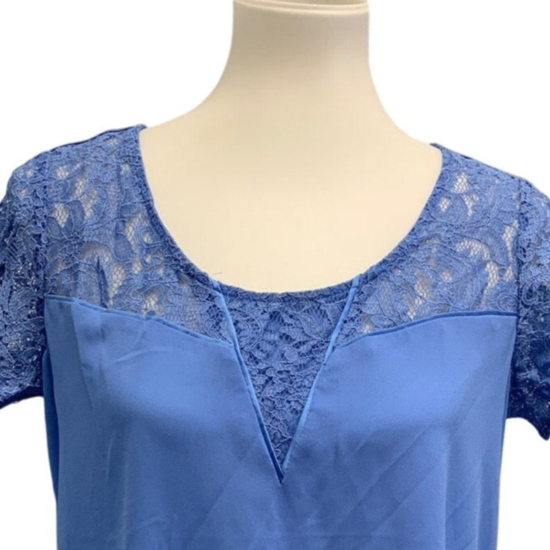 Express Womens Small Lace Chest Detail Solid Blue Short Sleeve Top Blouse