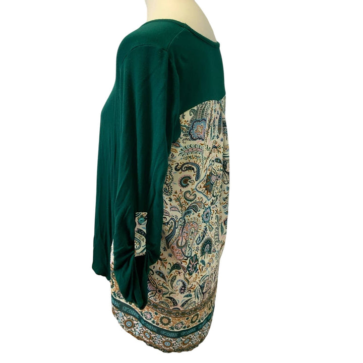Market &amp; Spruce Medium Ruched Tab Sleeve Boho Print Hi Low Long Blouse Top