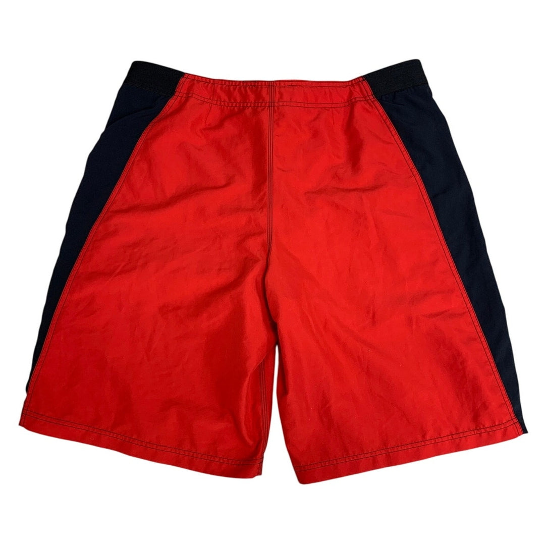 Speedo Mens 38 Red PolySpandex Adjustable Waist Side Stripe Lined Swim Trunks