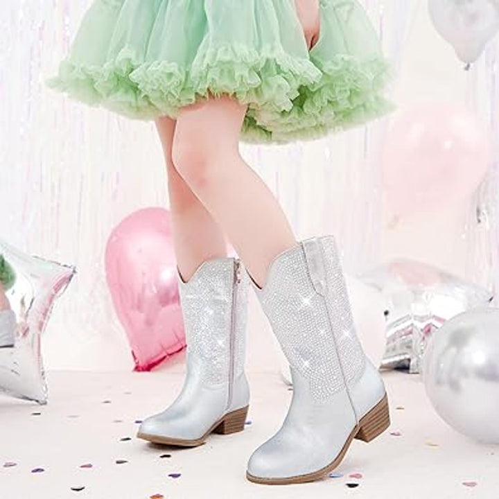 Motasha Big Girls Size 4 Rainbow Silver Rhinestone Sparkle Pull On Cowboy Boots