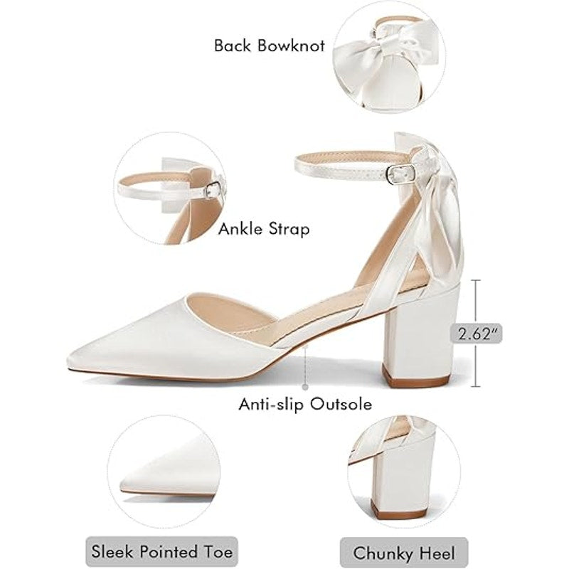 Coutgo Womens Size 8.5 White Satin 2.5" Chunky Heel Closed Toe Ankle Strap Shoes