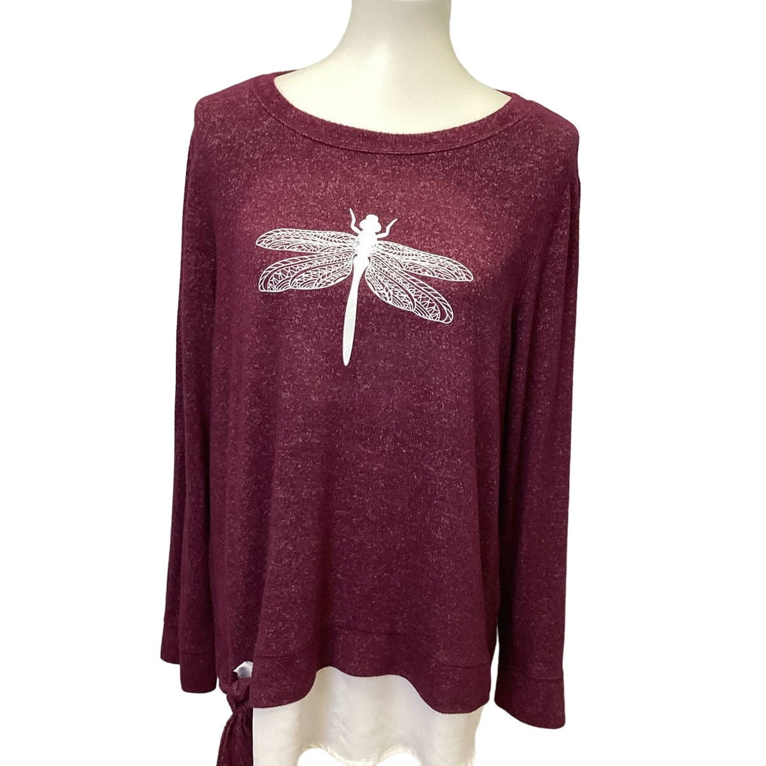 Hand Printed Upcycled Large Dragonfly Long Sleeve Layered Look Waist Tie Sweater