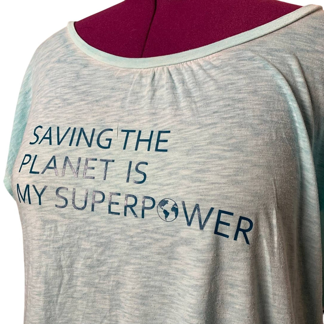 Hand Printed Upcycled 2X Saving the Planet is My Superpower Polycotton Tee
