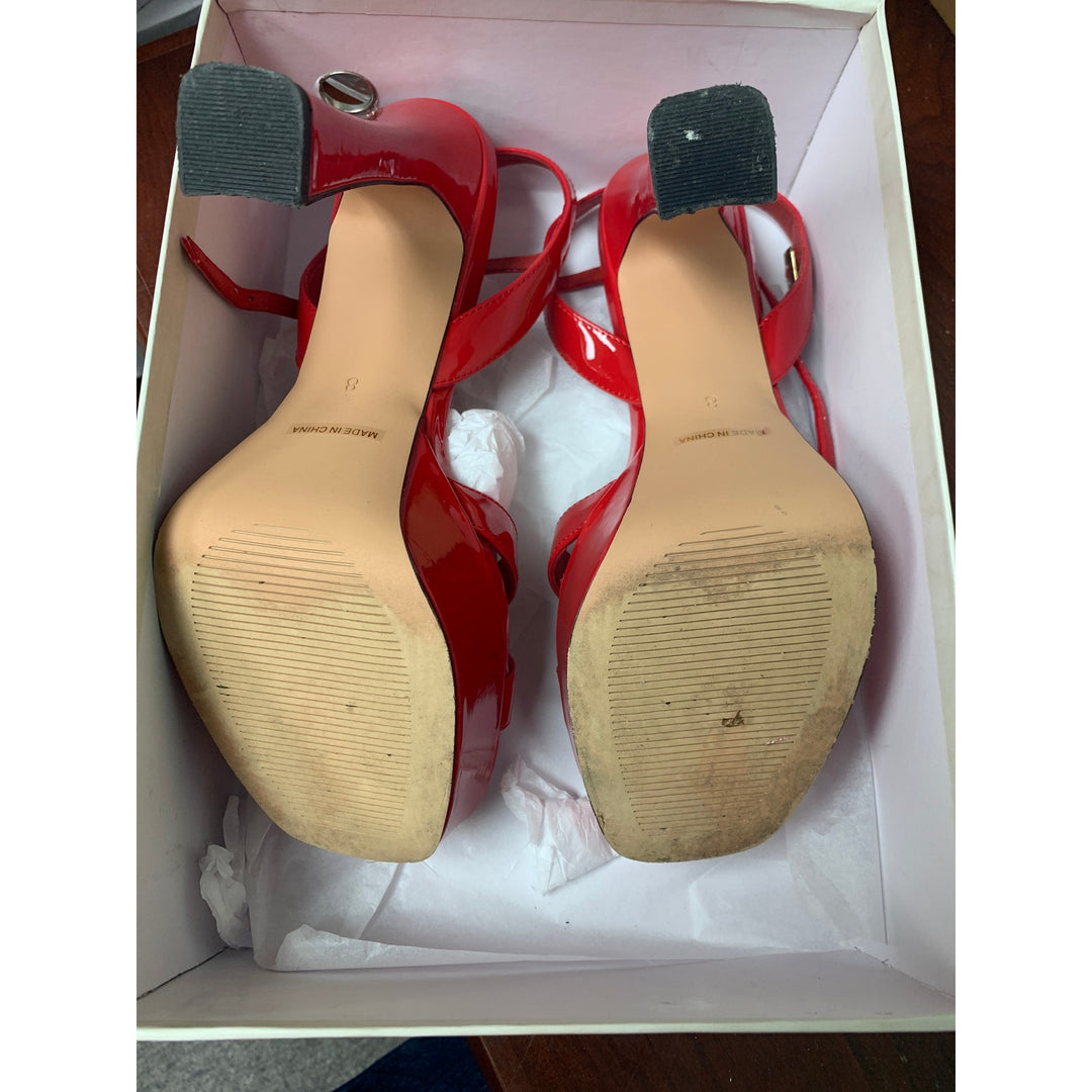Dumjey Womens 8 Red Faux Leather 5" Heel Platform Open Toe Ankle Strap Shoes