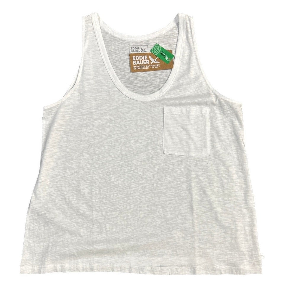 New Eddie Bauer Womens White Slub Tencel Cotton Blend Gatecheck Pocket Tank Top