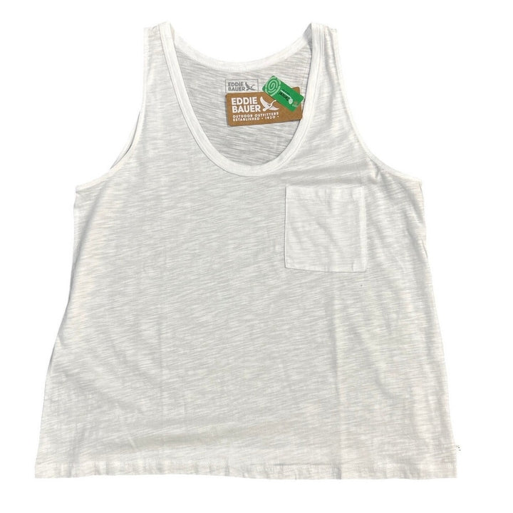 New Eddie Bauer Womens White Slub Tencel Cotton Blend Gatecheck Pocket Tank Top