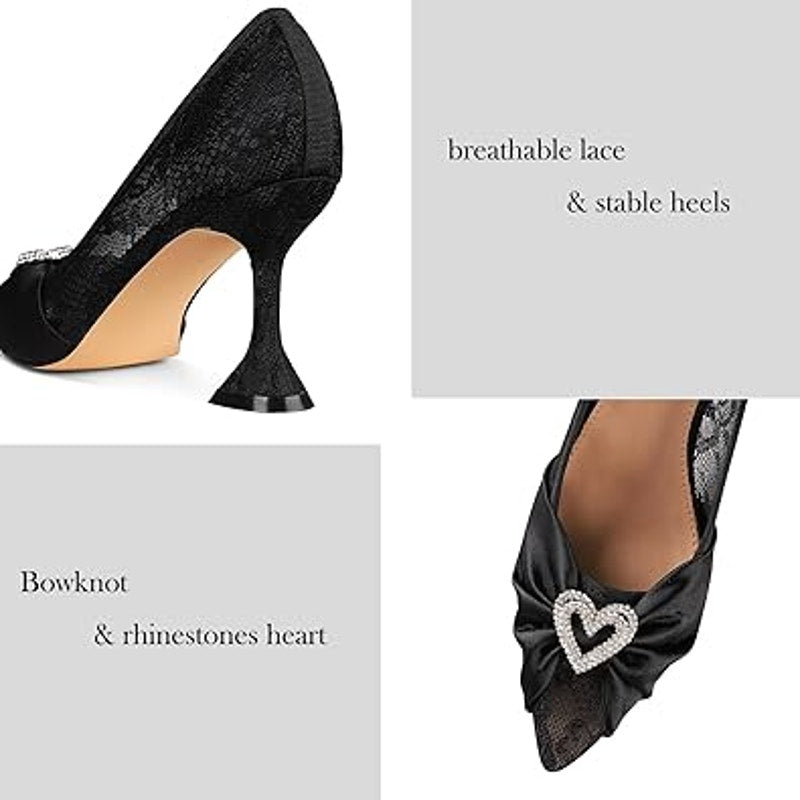 New Aminugal Womens Size 9.5 Black Lace SIlver Heart 3.5" Heel Closed Toe Shoes