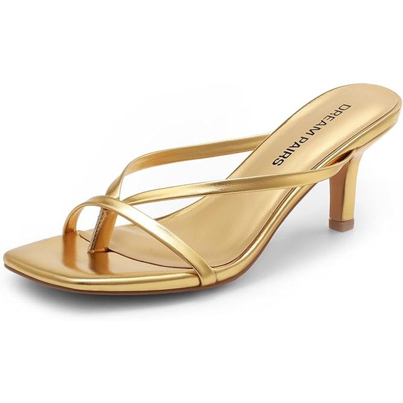 Dream Pairs Womens Size 8.5 Gold Open Toe Thong Slide On 3" Heel Sandal Shoes