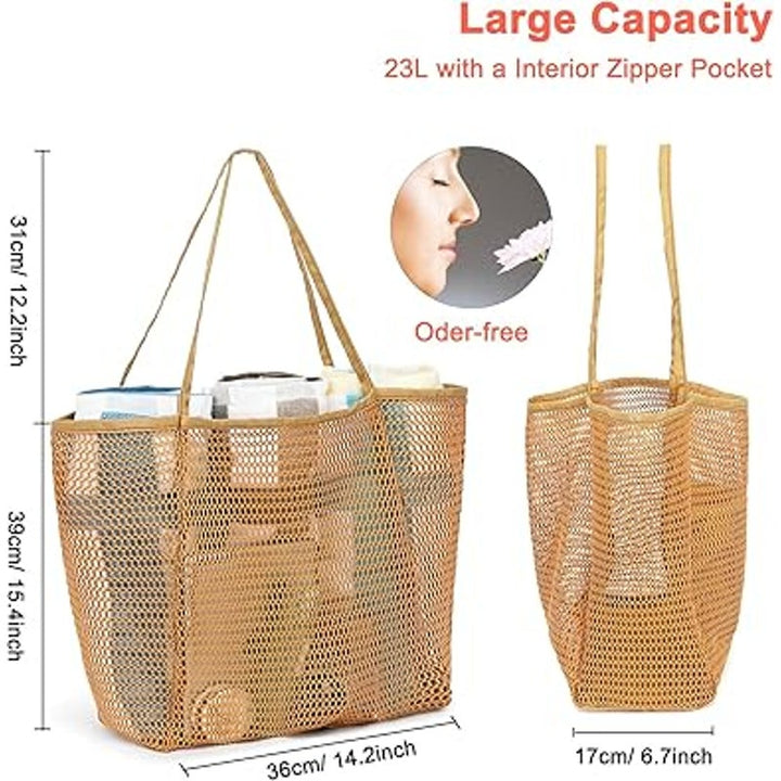 New Fammart Tan Double Handle Interior Zip Pocket Foldable Mesh Beach Tote Bag