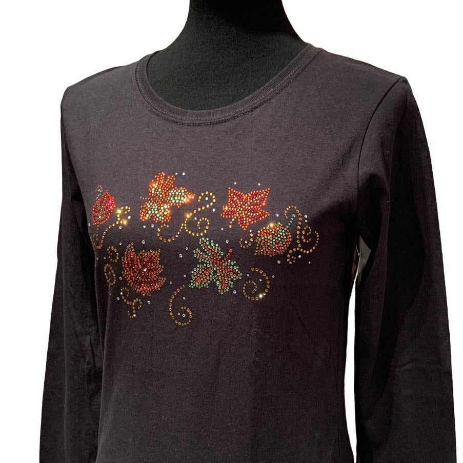 New Hand Printed Small Cotton Rhinestone Fall Autumn Leaf Long Sleeve Black Tee