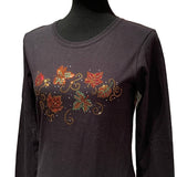 New Hand Printed Small Cotton Rhinestone Fall Autumn Leaf Long Sleeve Black Tee