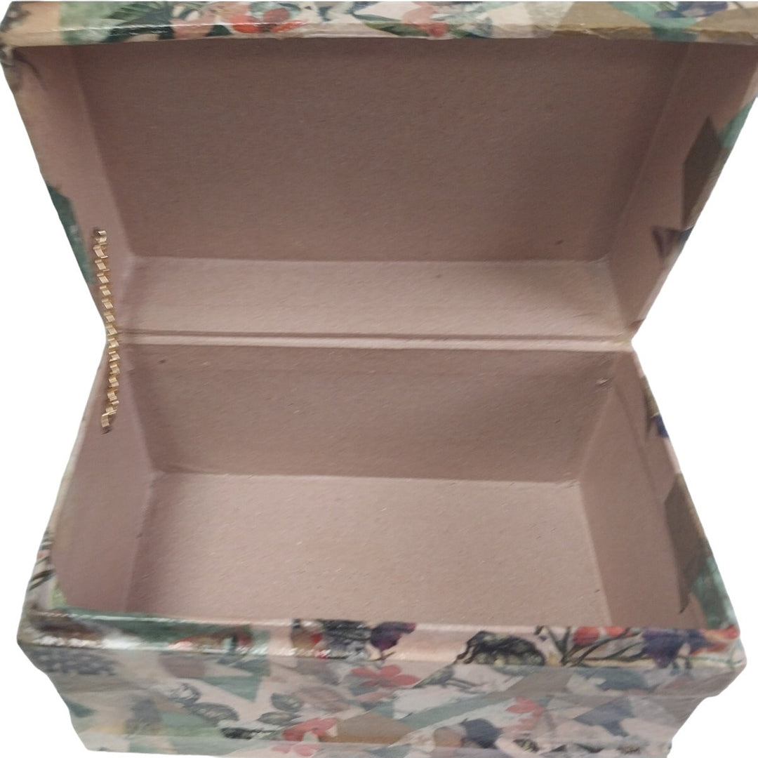 Vintage Handmade Paper Mache Floral Feathers Hinged Cardboard Box