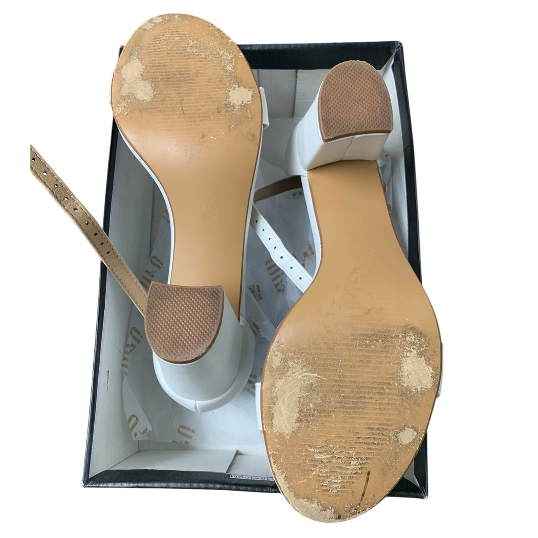 Idifu Womens 7.5 White 3" Block Heels Ankle Strap Open Toe Sandals Wedding Shoes