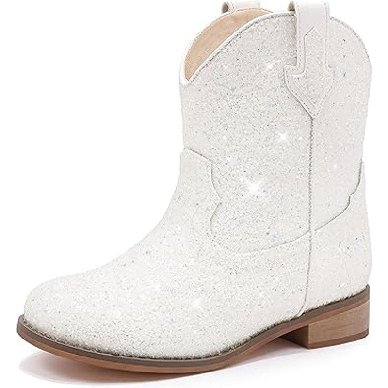 Motasha Toddler Girl 10 White Iridescent Shiny Pull On Western Cowgirl Boots