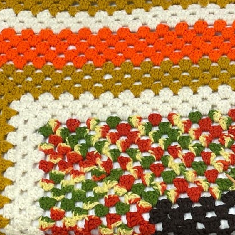 Handmade Vintage Crochet Granny Square Stripe Blanket Acrylic Yarn Afghan Throw