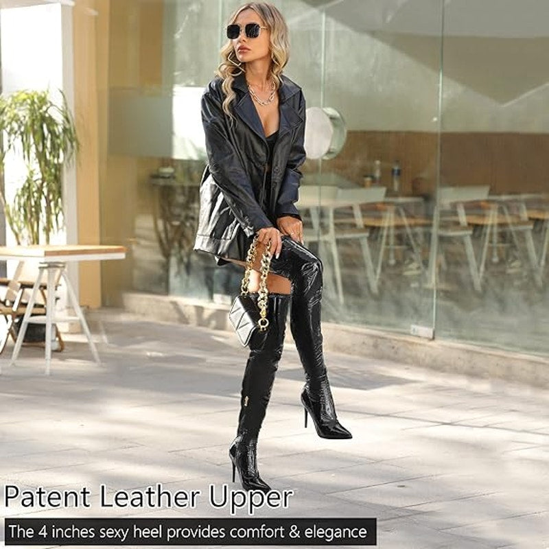 Camssoo Womens Size 8 Black Faux Patent Leather 4" Heel Above-The-Knee Boots