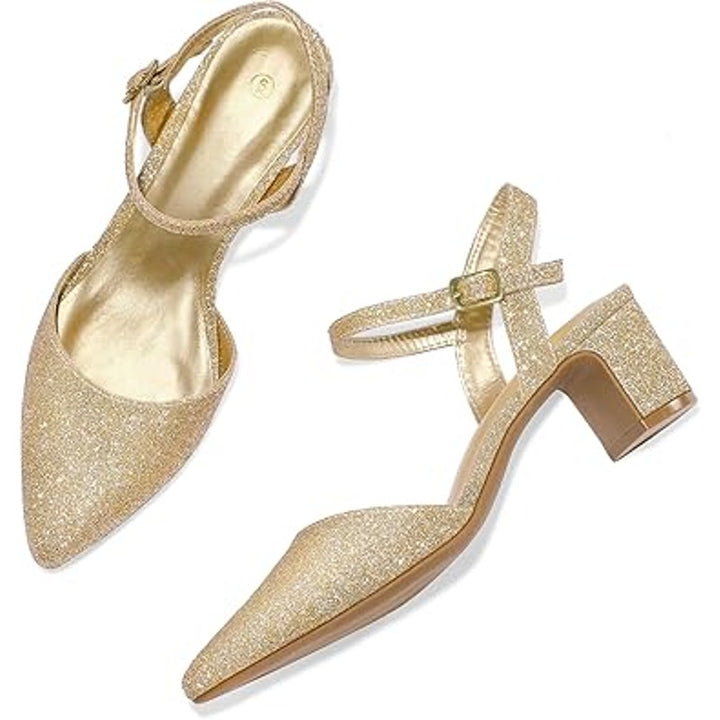 New Mysoft Womens 10 Gold Glitter Pointy Toe 2.5" Block Heel Ankle Strap Shoes