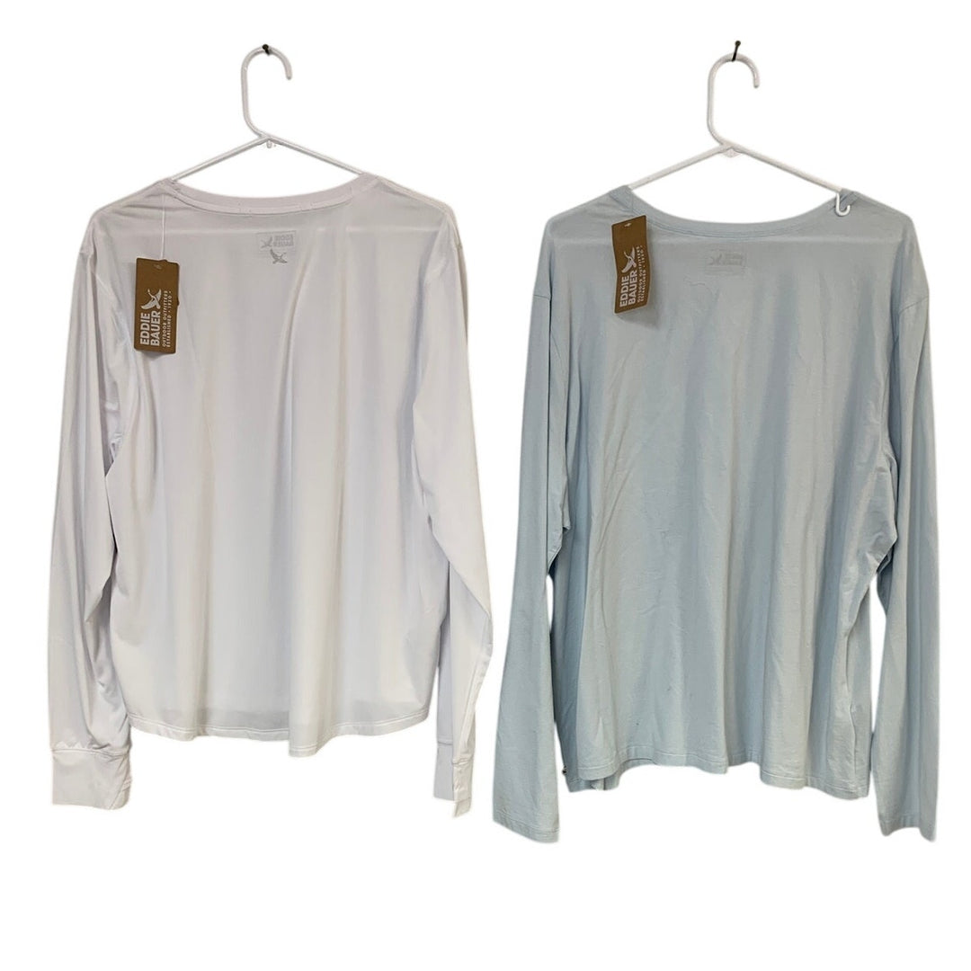 2 New Eddie Bauer Womens 2X Blue White Solarfoil Pullover Tempo Crew Tee Shirts