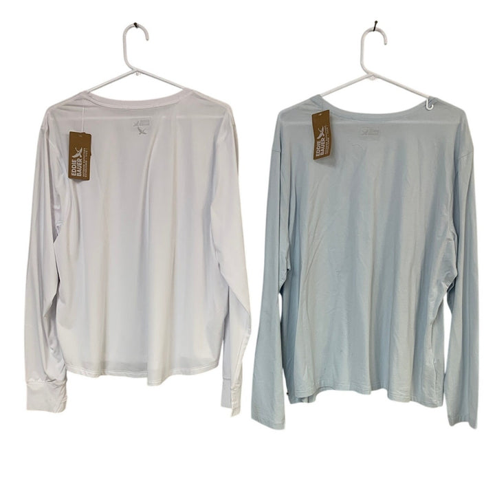 2 New Eddie Bauer Womens 2X Blue White Solarfoil Pullover Tempo Crew Tee Shirts