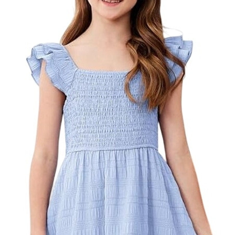 Dokotoo Girls Large Sky Blue Polyester Blend Sleeveless Smocked A Line Dress