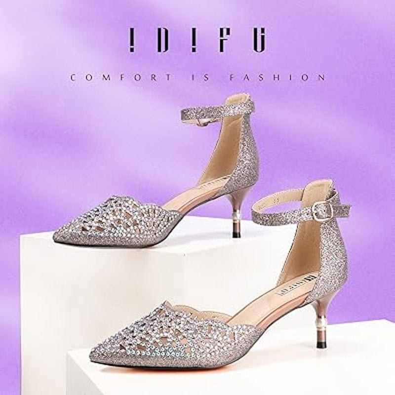 Idifu Womens 9 Rhinestone Glitter 2.5" Pearl Heel Closed Toe Ankle Strap Shoes