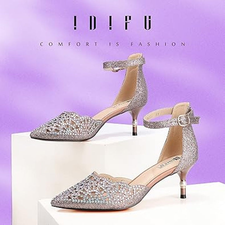 Idifu Womens 9 Rhinestone Glitter 2.5" Pearl Heel Closed Toe Ankle Strap Shoes