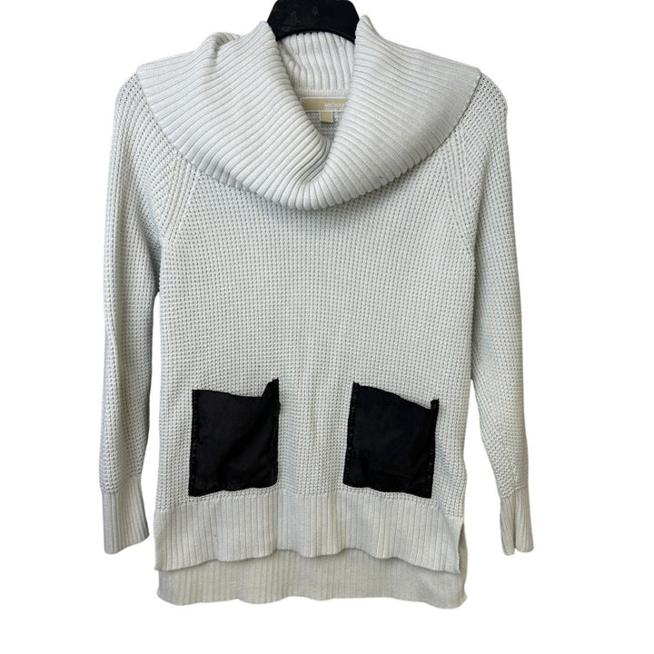 Michael Michael Kors Mens Small White Black Patch Long Sleeve Cowl Neck Sweater