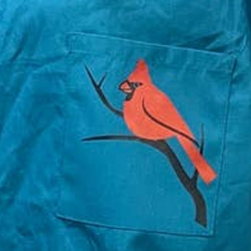 Hand Printed Upcycled Mens Medium Red Cardinal Bird Polycotton Scrub Top
