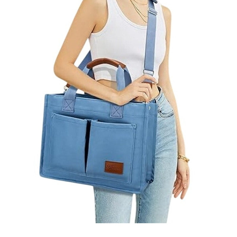 New Kkxiu Denim Blue Canvas Oversized Zip Up Many Compartments CrossbodyTote Bag