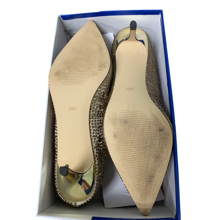 Justvindo Womens Size 8.5 Gold Satin Rhinestone 2.5" Heel Closed Point Toe Shoes