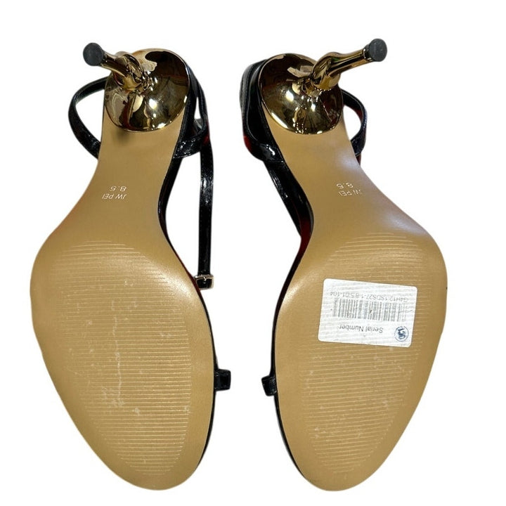 JW PEI Womens Size 8.5 Black Leather Alivia Gold Metal 4" Heels Sandals Shoes