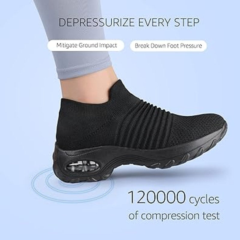 HKR Womens Size 7.5 Black Fabric Arch Support Non Slip Knit Upper Comfort Shoes