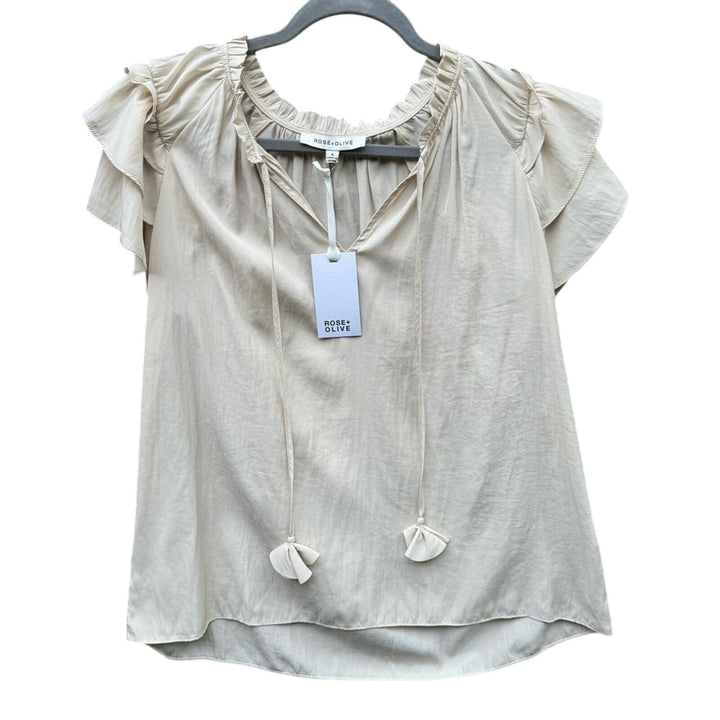 NWT New Rose &amp; Olive Womens Small Tan Flutter Short Sleeve Front Tie Blouse
