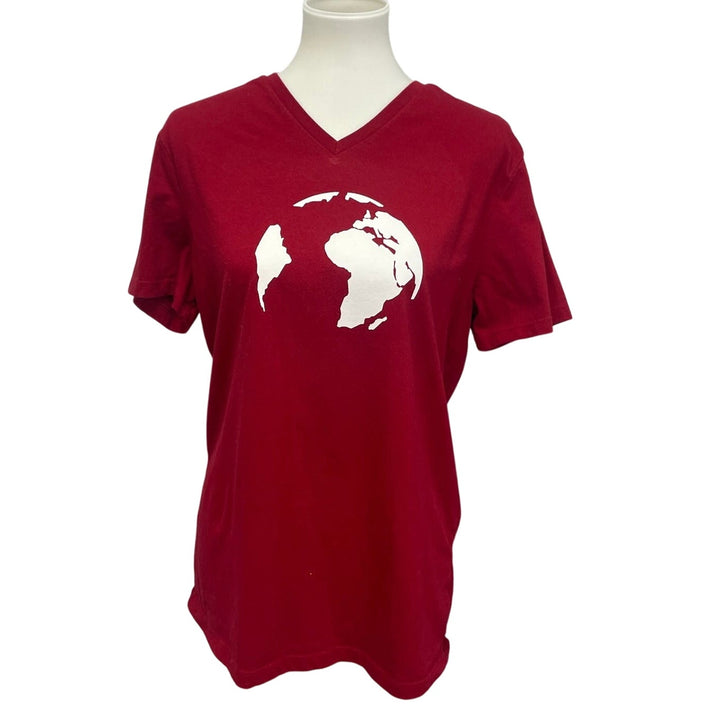 Hand Printed Upcycled Mens Medium Planet Earth Short Sleeve V-NeckTee Shirt