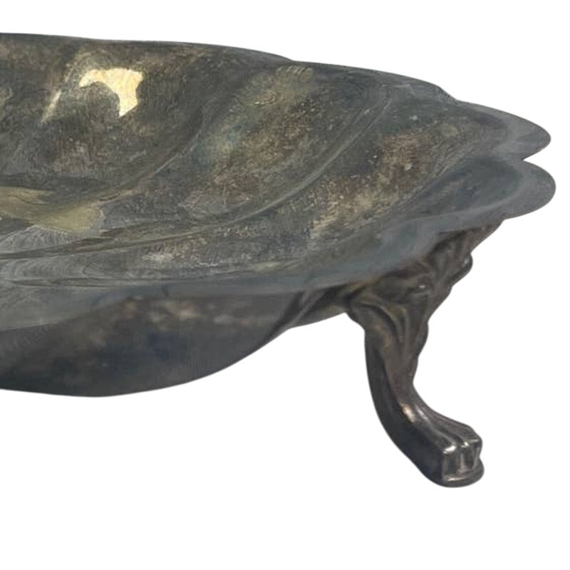 Vintage Tarnished Patina Silver Plated Footed Scalloped Platter Serving Plate