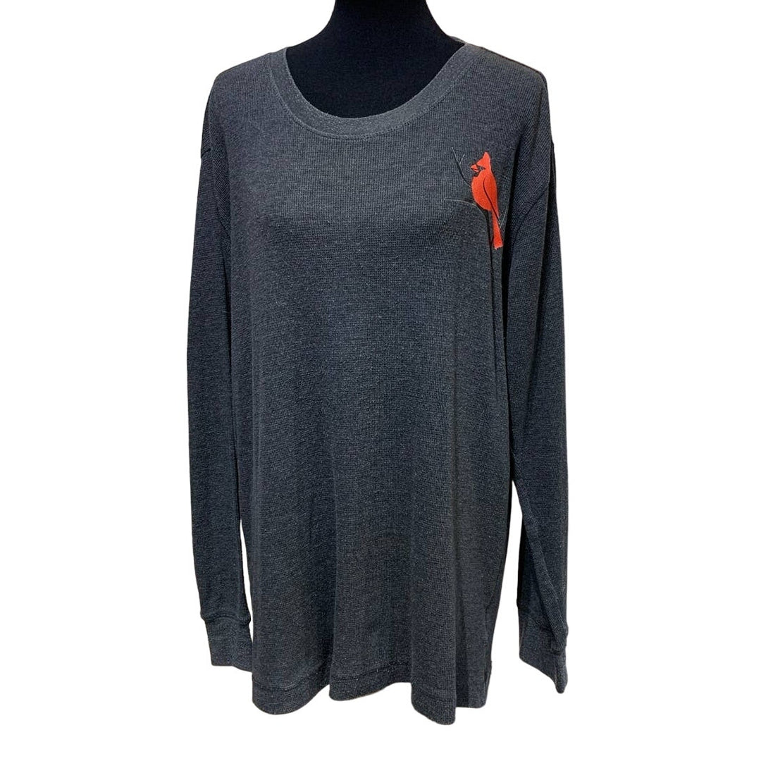 Hand Printed Upcycled Mens XL Red Cardinal Bird Long Sleeve Waffled Top Shirt