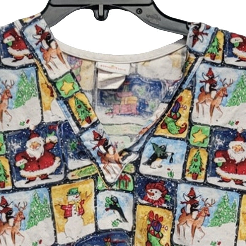 Peaches Womens XL Holiday Christmas 100% Cotton Short Sleeve V Neck Scrub Top
