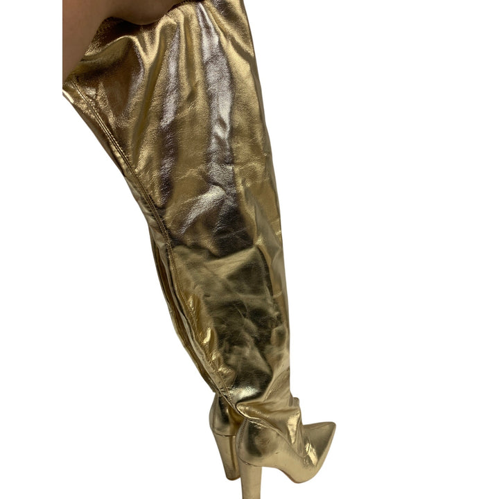 Wsheliu Womens Size 8 Gold 4" Heel Thigh High Gogo Boots Pointed Toe Shoes