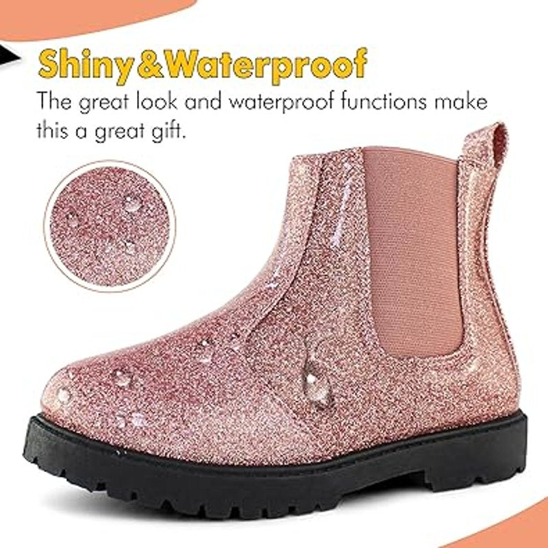 New Tobfis Girls 6 Glitter Pink Pull On Non Slip Chelsea Waterproof Rain Boots