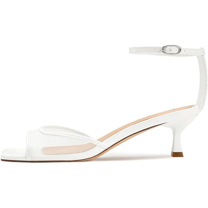 Isnom Womens 8 White Faux Leather Mesh OpenToe 2.5" Heel AnkleStrap Sandal Shoes