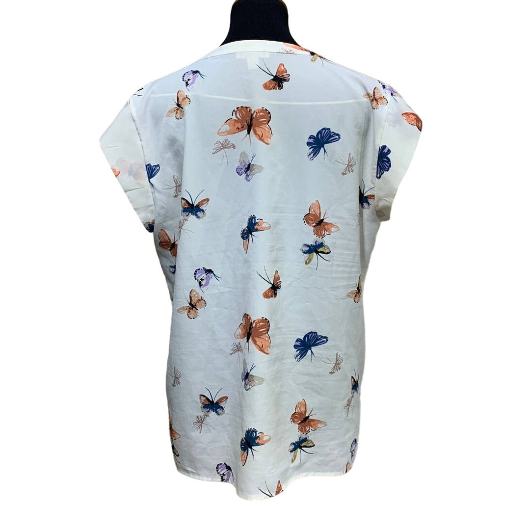Elaine Rose Large 100% Polyester SIlky Feel Short Sleeve VNeck Butterfly Blouse