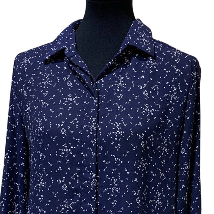 Mossimo Medium Navy Blue White Long Sleeve Flowy Polyester Button Down Blouse