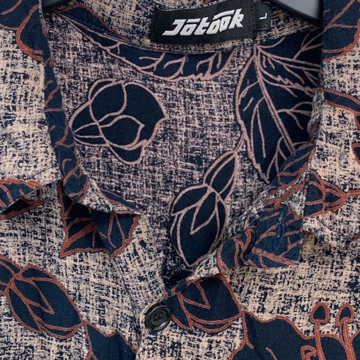 Jotook Mens Large 100% Rayong Floral Short Sleeve Button Up Collared Shirt