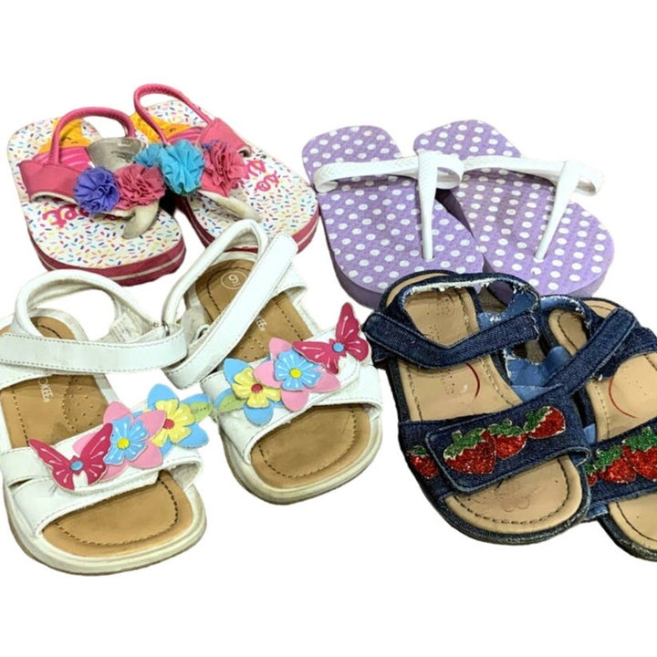 4 Pairs of Girls 7/8 9/10 Summer Polka Dot Floral Cherry Sandals Flip Flops