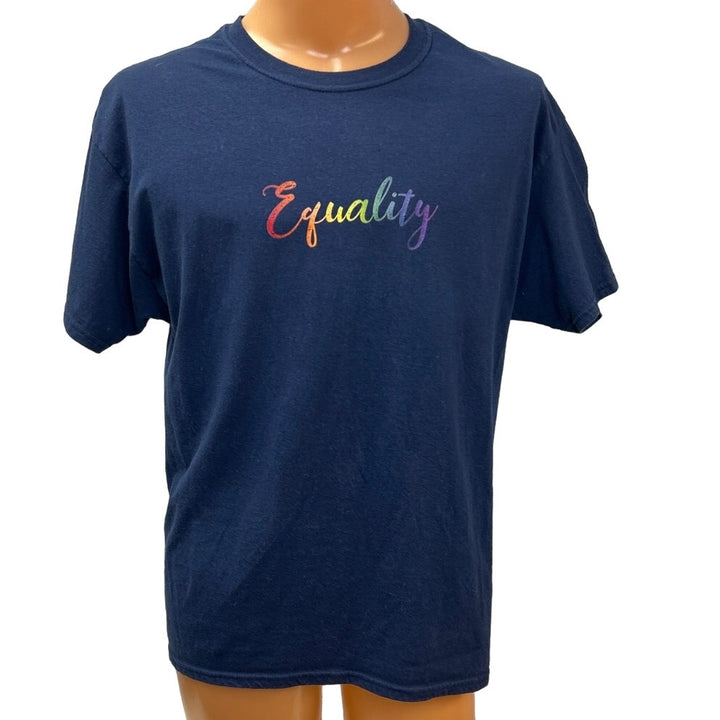 Hand Printed Mens Large Upcycled June Pride Month Rainbow Equality Crew Neck Tee