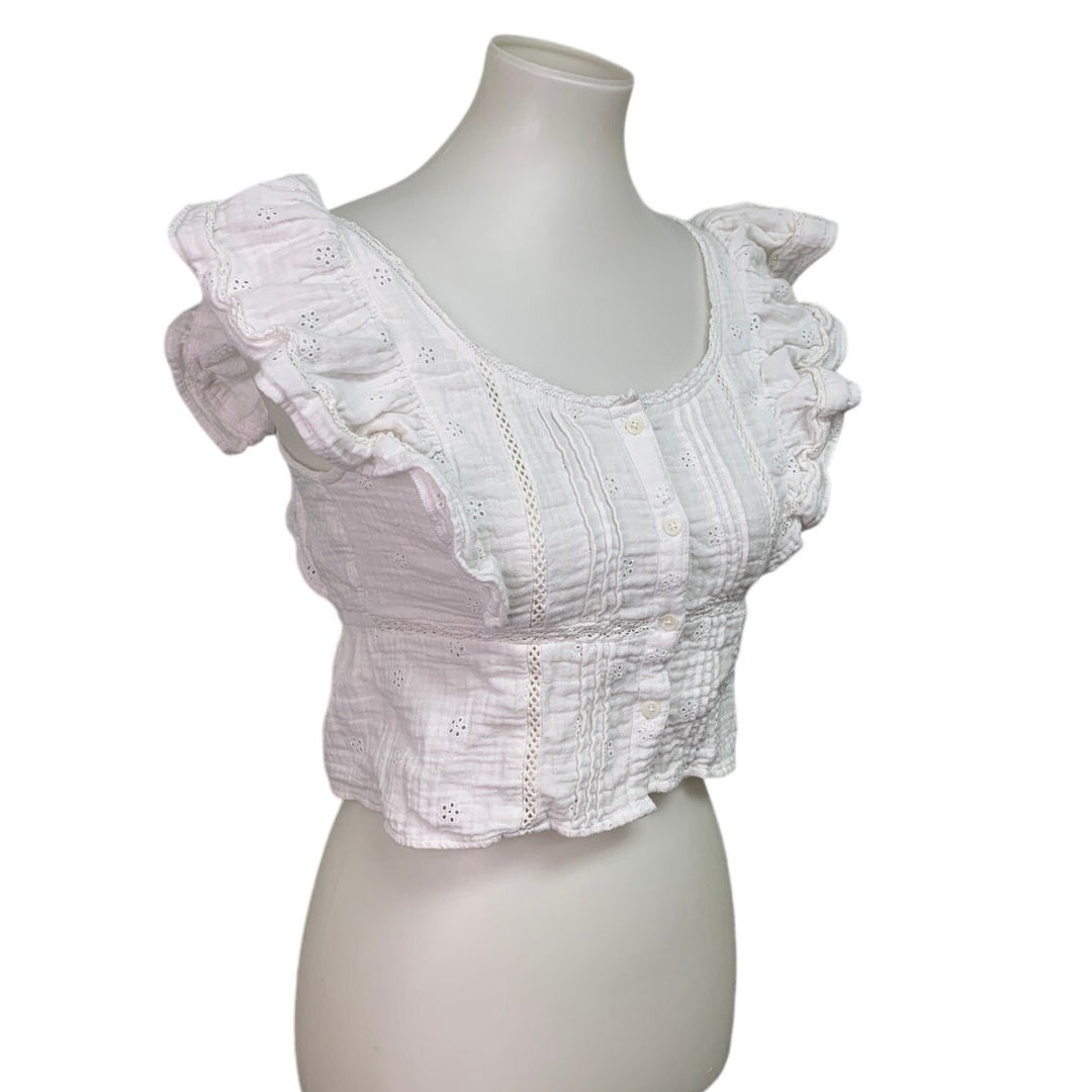 New Aerie Womens Small White Ruffle Sleeve Lace Floral Cottage Front Button Top