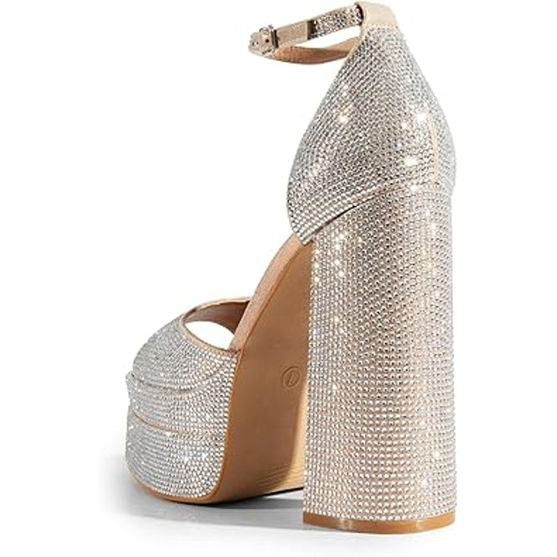 Dream Pairs Womens Size 6.5 Silver Rhinestone Open Toe 5.5" Heel Platform Shoes