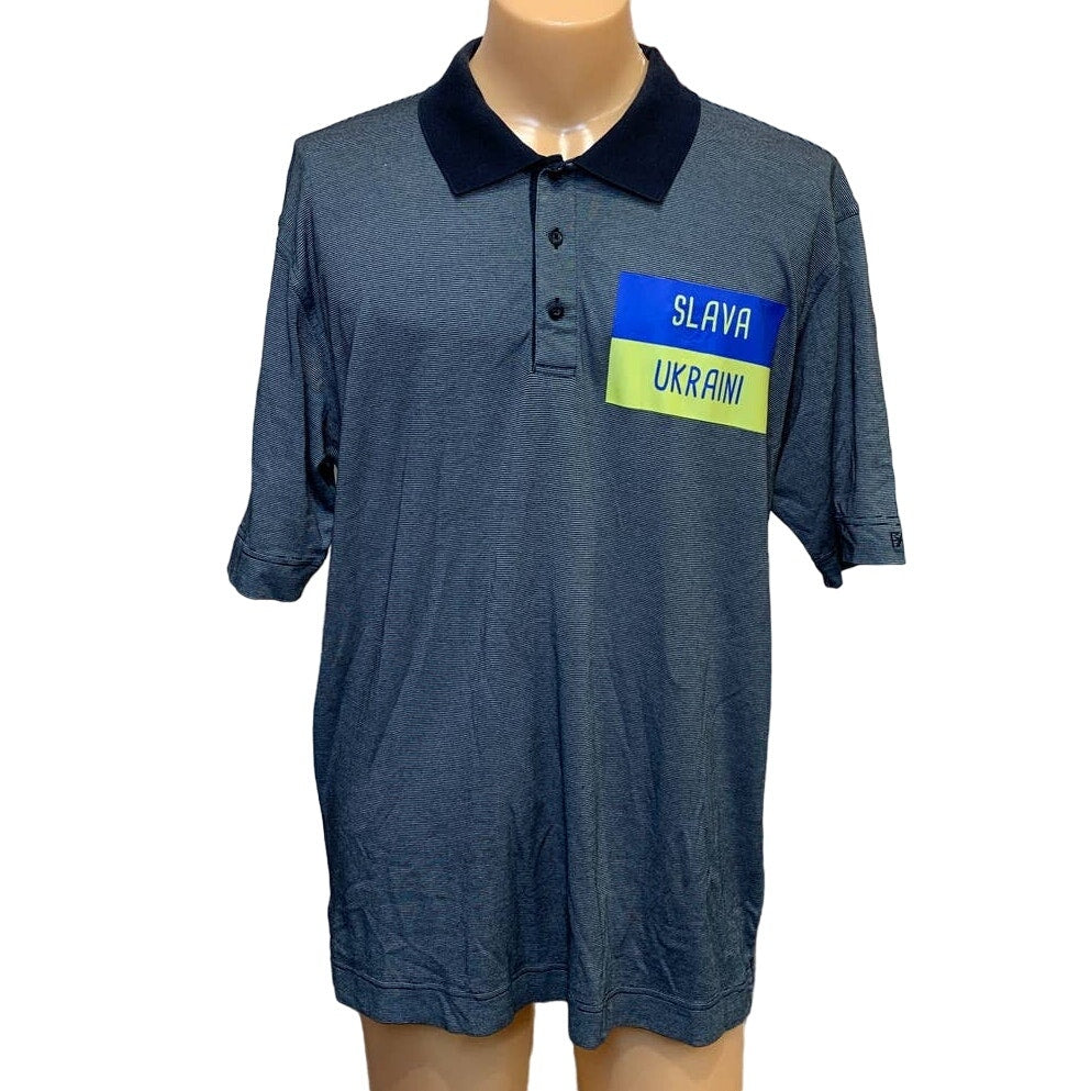Upcycled Hand Printed Mens Large Flag Slava Ukraini Artist Fundraiser Polo Shirt